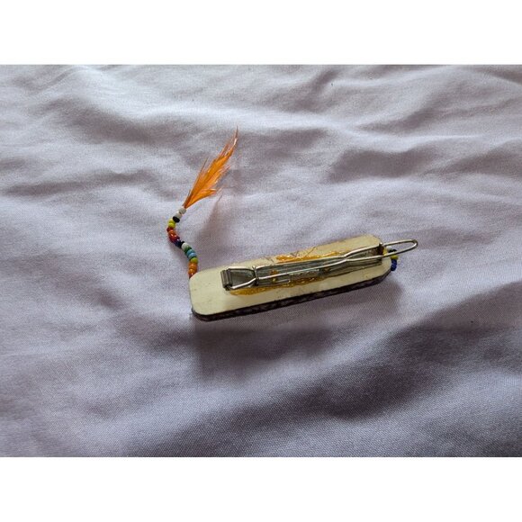 Handcrafted Beaded Hair Clip Barrette Feather Accent - Multicolor Tribal Pattern - Picture 2 of 3
